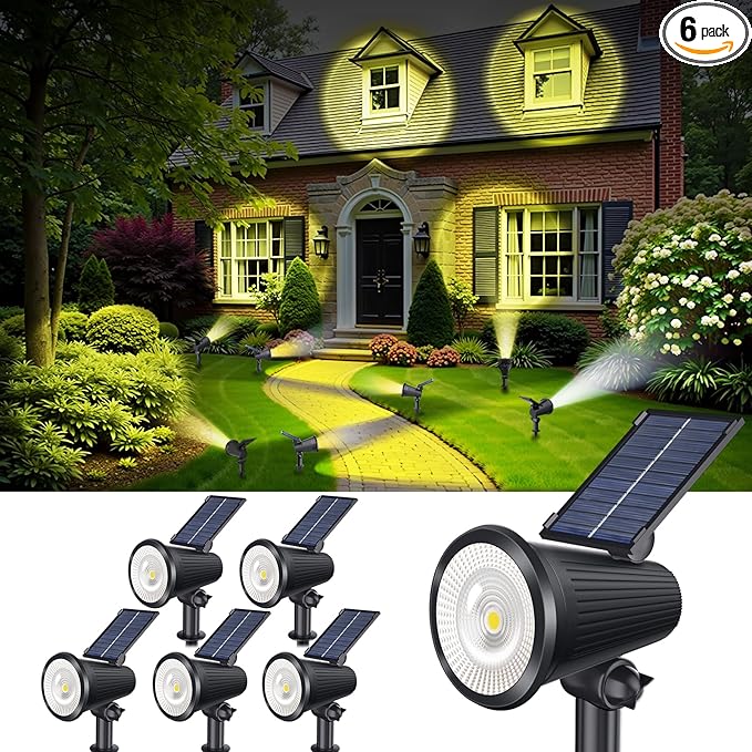 Solar Powered Spotlights Outdoor Waterproof Sunset Spot LED Lights Ultra Bright for Tree, Flag, Lawn, Statue, Pool, Garden, House, Wall, Yard, Path Outdoor Landscape Uplighting 6 Pack Warm White