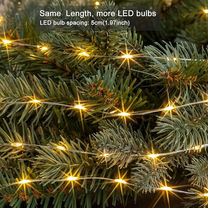 40FT Solar String Lights Outdoor, 240 LED - 2X Brighter Warm White, 8 Lighting Modes, Ultra-Dense Christmas Lights Waterproof Silver Copper Wire - for Patio, Garden, Christmas, Wedding