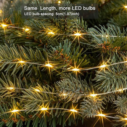 40FT Solar String Lights Outdoor, 240 LED - 2X Brighter Warm White, 8 Lighting Modes, Ultra-Dense Christmas Lights Waterproof Silver Copper Wire - for Patio, Garden, Christmas, Wedding
