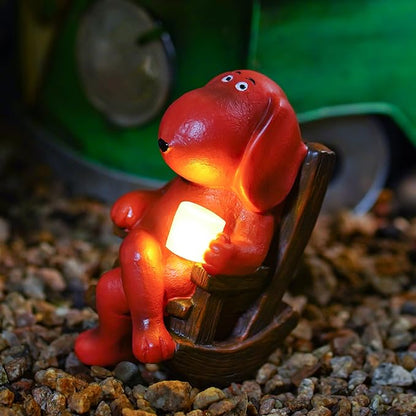 Dog Solar Statue Drinking Coffee Statue Decoration with Solar Light Figurine Ornament for Indoor Outdoor Home Patio Yard Lawn