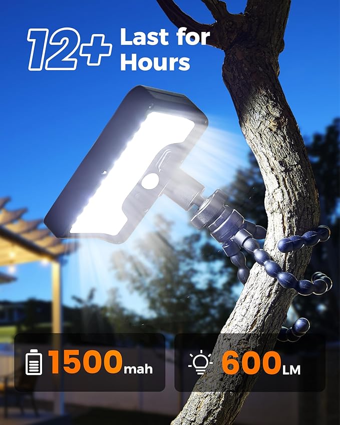 Motion Sensor Outdoor Lights with Flexible Octopus Tripod - 600LM Solar Sercurity Lights Waterproof, Dual Charging Solar Ourdoor Light for Camping,Fence, Patio (1, Black(6000K)