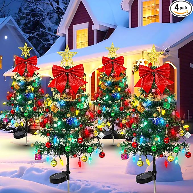 LOMOHOO 4 Packs Solar Christmas Tree 35.8in Outdoor Prelit Lighted Christmas Tree 2 Flashing Modes Solar Xmas Trees with 80 LED Lights for Holiday Porch Yard Garden Patio Cemetery Pathway