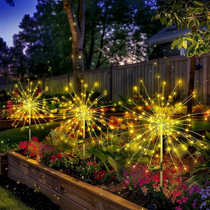 Solar Garden Lights Outdoor: Bendable Warm White Copper Wire 120 LED Firework 2Pack- Waterproof DIY Bright Decorations for Yard Patio- Gardening Gifts for Homeowners Women