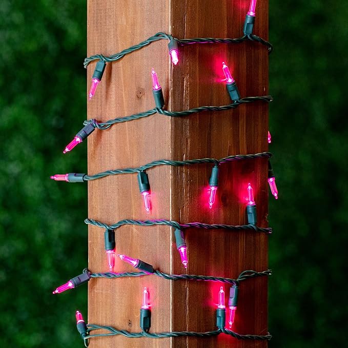 Novelty Lights Vintage Style T5 Pink LED Christmas Lights, 11.5 Feet Green Wire String of 35 Mini Bulbs, UL Listed Indoor/Outdoor Tree Lighting