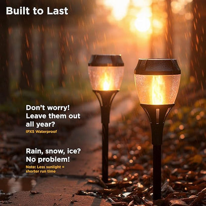 FoxFlame Solar Path Lights Outdoor WaterProof-Realistic Flickering LED Flame,IP65 Pathway Lights Solar Powered Warm Light for Garden and Walkways,Ground Stake Included for Easy Setup(2 Pack)