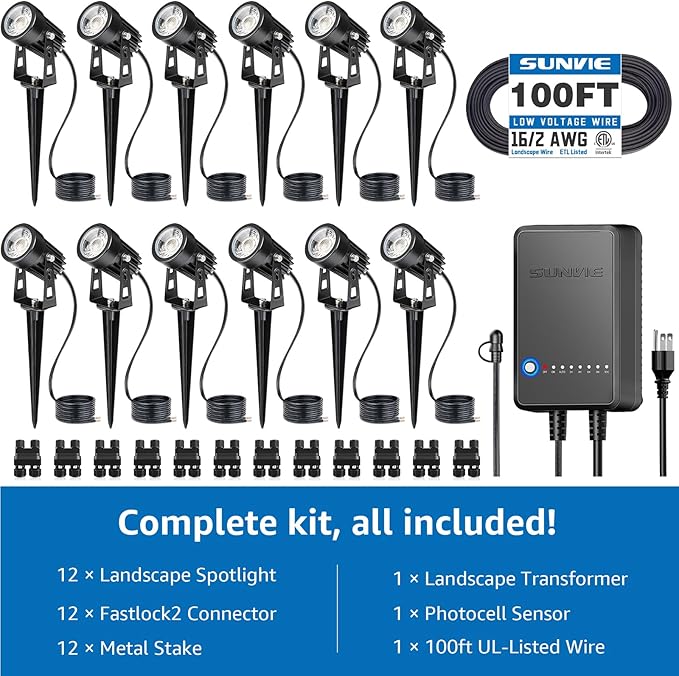 SUNVIE All-in-One LED Low Voltage Landscape Lighting Kit, 12-Pack Landscape Lights - Outdoor Security Flood Light | Lumora