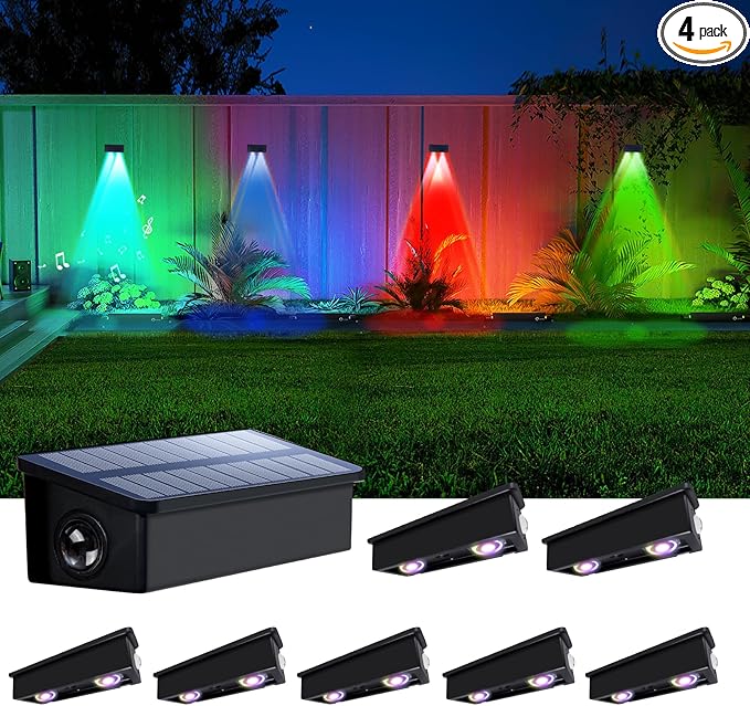 8 Pack Color Changing Solar Powered Fence Lights Outdoor Decorative LED Waterproof Yard Lamps for Outside Wall, Deck, House Patio, Rail, Stair, Backyard, Pool, 7 Colorful Modes, 1-Min Installation