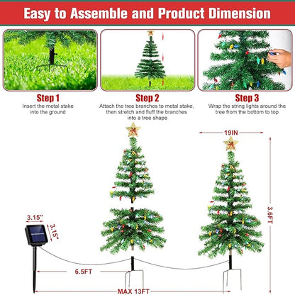 Solar Christmas Trees Lights Outdoor, Solar Powered Xmas Trees Stake Outside Waterproof 3.6FT with 100 LEDs and 8 Modes for Yard Pathway Garden Grave Cemetery Decorations (2 in 1)