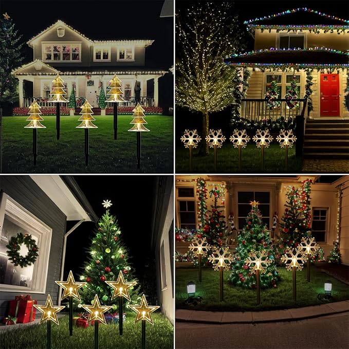 Solar Christmas Pathway Lights, 5 Pack Solar Christmas Decor Star Lights Outdoor Waterproof Stake Lights Garden Decorative Lights Walkway Lights for Landscape Yard Lawn Patio Wedding Party(Warm White)