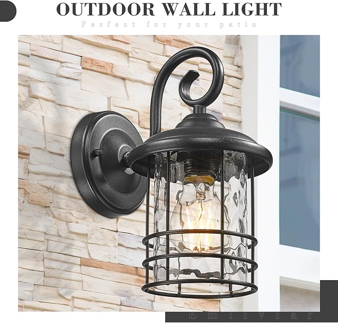 Emliviar 2 Pack Outdoor Wall Lighting Fixtures, 10" Exterior Carriage Lights with Water Ripple Glass, Die-Cast Aluminum in Black Finish, OS-1803CW1-WG