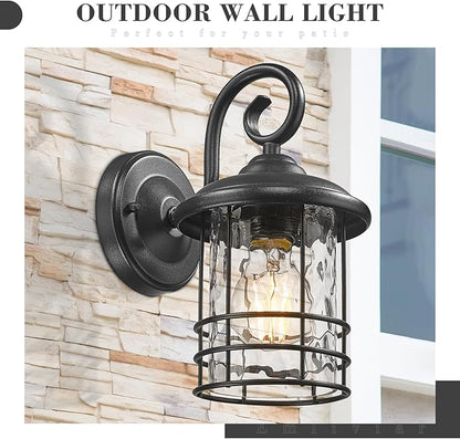 Emliviar 2 Pack Outdoor Wall Lighting Fixtures, 10" Exterior Carriage Lights with Water Ripple Glass, Die-Cast Aluminum in Black Finish, OS-1803CW1-WG