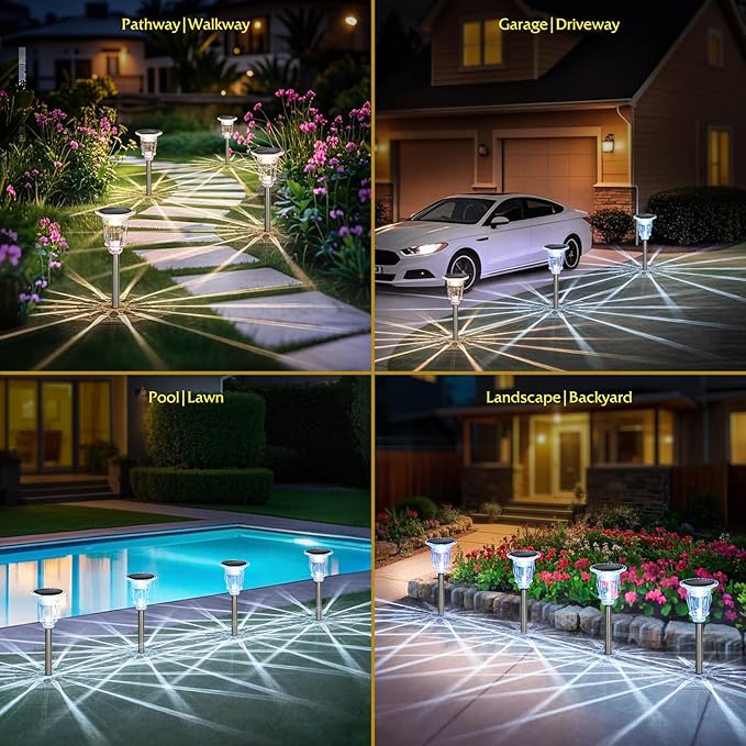 Solar Pathway Lights Outdoor 2 Pack, 3 Lighting Modes Glass and Stainless Steel White Solar Garden lights, 17.3" | Lumora