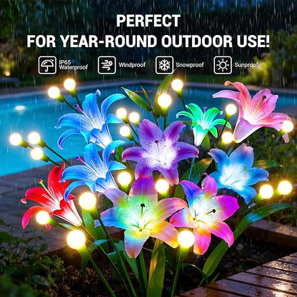 WdtPro Upgraded Solar Garden Lights Outdoor: 4 Pack Solar Firefly Swaying Light with Colorful LED Lily Flower, Waterproof Garden Decor for Yard Patio Pathway Lawn, Gifts for Women (2 Rosy+2 Purple)