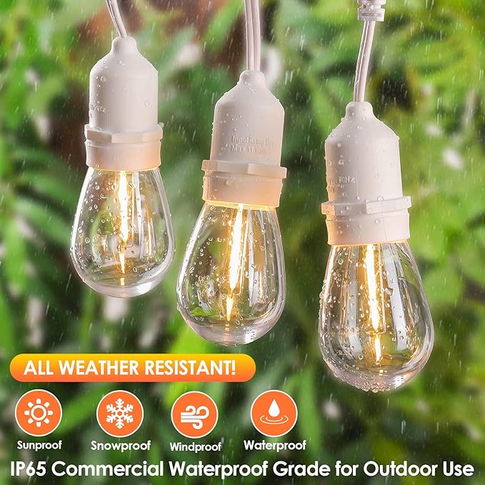 Mlambert White Cord 96FT Outdoor String Lights with 30+3 LED Plastic Bulbs, Dimmable Waterproof Shatterproof Linkable Patio Light for Pergola Backyard