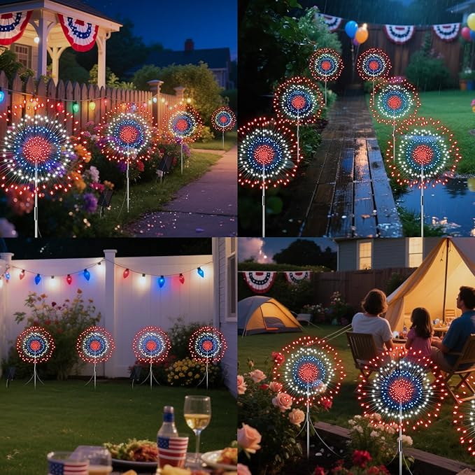 4th of July Decorations Firework Solar Lights Outdoor, 8 Modes & Timer Remote Red White and Blue Patriotic Lights with 180 LED for Garden Yard Patio Pathway Lawn Fourth of July Decor(2 Set of 2 Pack)