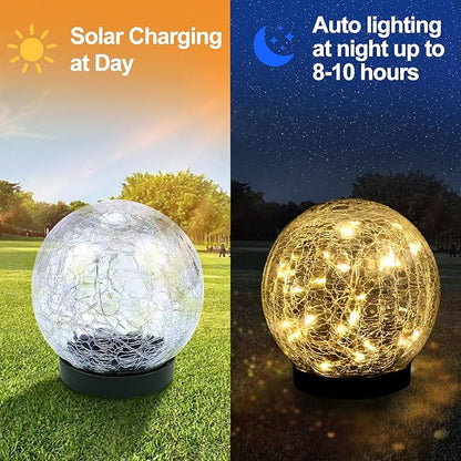 Solar Cracked Quartz Pathway Lights – IP68 Waterproof Dual-Temperature Glow for Garden Safety Artisanal Glass Globe with 10hr Runtime (Patio/Yard Decor) (Warm White)