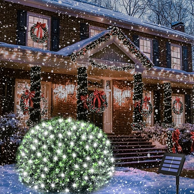 echosari Solar Powered Net Lights, 200 LED 9.8Ft x 6.6Ft Christmas Bush net Lights Dark Green Wire Auto On/Off 8 Modes Net Lights Outdoor Mesh Lights for Bushes Shrubs Lawn Decoration (Cool White)