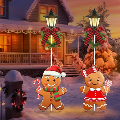 Tuanse 2 Pack Solar Christmas Outdoor Decoration 52 Inch Solar Xmas Gingerbread Man Pathway Lights Metal Garden Stakes with LED Lantern Xmas Yard Signs for Holiday Winter Walkway Patio Decor