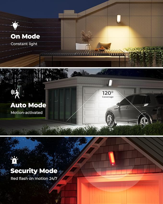 2 Pack Motion Sensor Outdoor Lights, 10000mAh Rechargeable 600 Lumen Battery Operated Outdoor Wall Lights with 3 | Lumora