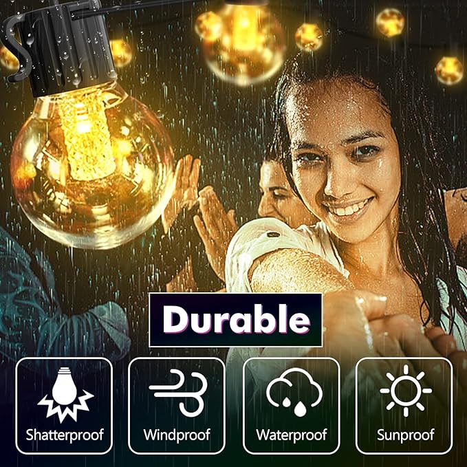 Solar Outdoor Lights Warm Colored Tunable, 50FT String Light Outdoor Waterproof - Solar Powered Patio Light USB Charging Hanging Lights for Yard - G40 Solar Lighted Up for Outside String (Pack of 3)