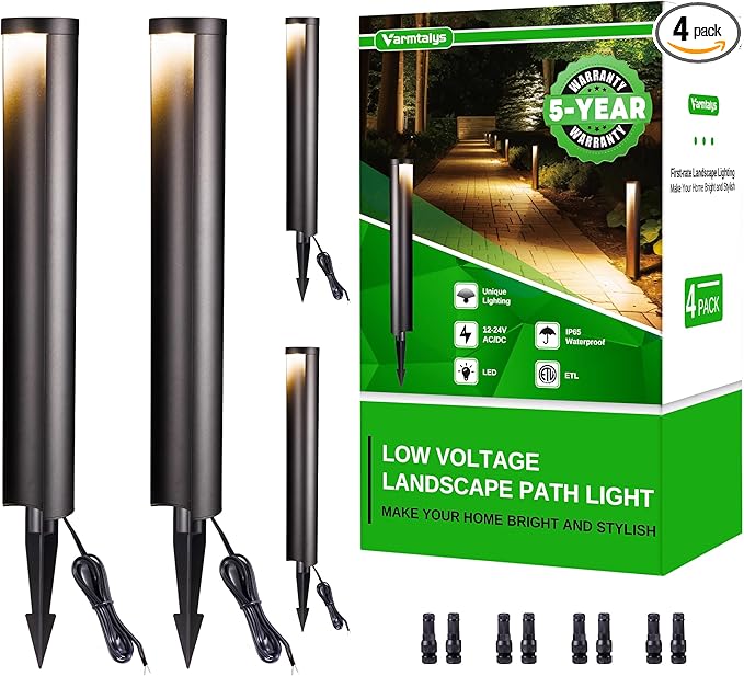 Low Voltage Pathway Lights, LED Landscape Path Lights, Outdoor Waterproof IP65, Wired Black Aluminum, 5W 200LM for Walkway Sidewalk 4 Pack