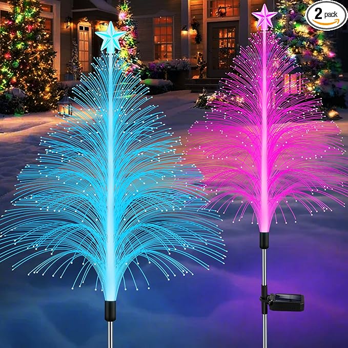 Solar Christmas Decorations, 2 Pack 38.5 Inch 7 Color Changing Jellyfish Lights with 5 Layer Optical Fiber Solar Flower Lights for Outdoor Xmas Yard Garden Pathway Decor