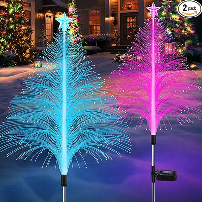 Solar Christmas Decorations, 2 Pack 38.5 Inch 7 Color Changing Jellyfish Lights with 5 Layer Optical Fiber Solar Flower Lights for Outdoor Xmas Yard Garden Pathway Decor
