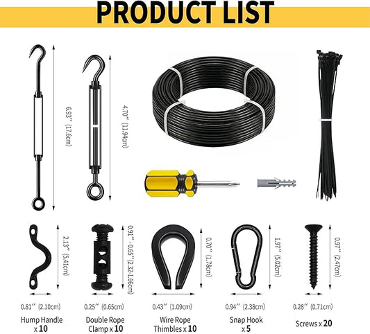 165FT All-Black Outdoor String Light Hanging Kit, 304 Stainless Steel Guide Wire with Matte Black Hardware Set, Anti-Sag Heavy Duty Suspension System for Patio, Pergola and Bistro Lighting