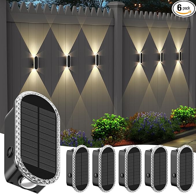 6 Pack Solar Fence Lights Outdoor, RGBW Solar Wall Lights 8-Color Waterproof Top and Bottom Lighting Solar Powered for Garden/Pool Cage/Patio/Wall (2 Installation Modes)