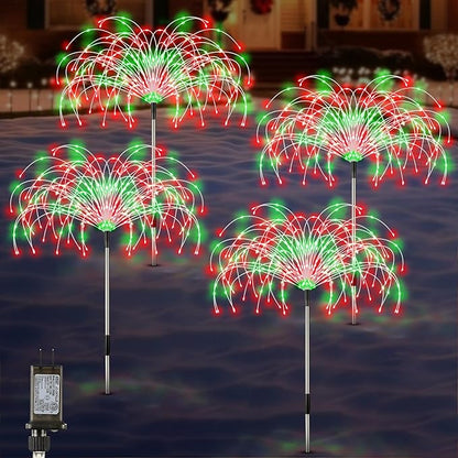 Enhon 4 Pack Plug in Christmas Pathway Firework Lights, 1440 LED Waterproof Xmas Garden Starburst Stake Lights with 8 Modes for Driveway Walkway Yard Lawn Patio Decorations(Red, Green)