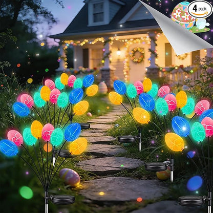 4 Pack 32 Led Solar Easter Egg Lights, Colorful Garden Swaying Firefly Lights Outdoor with 2 Lighting Modes, Waterproof Solar Stake Lights for landscaped Yards, Porches and Patio Easter Decorations