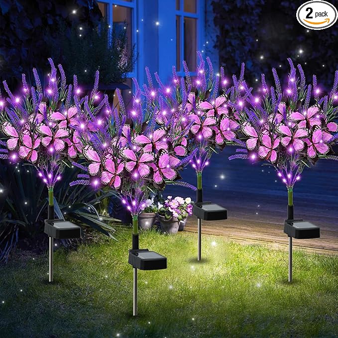 Dremisland 4Pack Solar Flowers Lights Outdoor Waterproof Purple Lavenders Solar Butterfly Lights Solar Artificial Flower Butterfly Garden Decoration for Yard Patio Pathway Lawn Courtyard