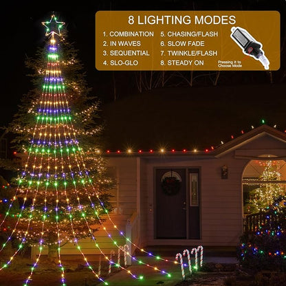 Christmas Decorations Star String Lights - 344 LED Waterfall Tree Lights with 11" Topper Iron Star Christmas Lights Indoor Outdoor Decorative for Wedding Party Home Holiday Decoration, Muitlcolor
