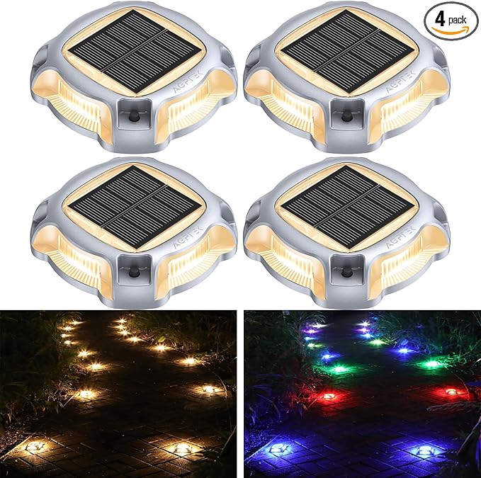AGPTEK Metal Multi-Colors in 1 Solar Driveway Lights Outdoor 4 Pack, Aluminum RGB Deck Dock Marine LED Solar Powered Waterproof Decorative Marker Security Light for Garden, Yard, Step, Sidewalk, Path