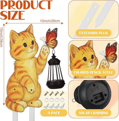 WILLBOND Cat Garden Decor Christmas Outdoor Solar Lights Decor, Metal Orange Cat Garden Stake with Butterfly, Outside Stake Signs for Yard Lawn Patio Unique Gift Ideas