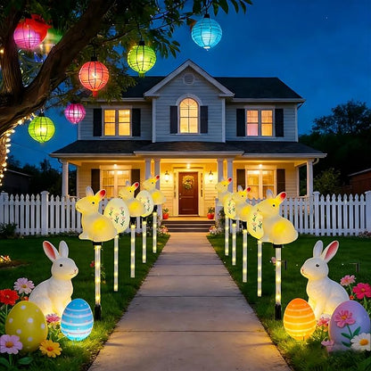5-Pack Easter Solar Pathway Lights with Bunny & Egg Designs – Waterproof Outdoor Garden Stake Lights, Steady & Flashing Modes for Yard Decorations