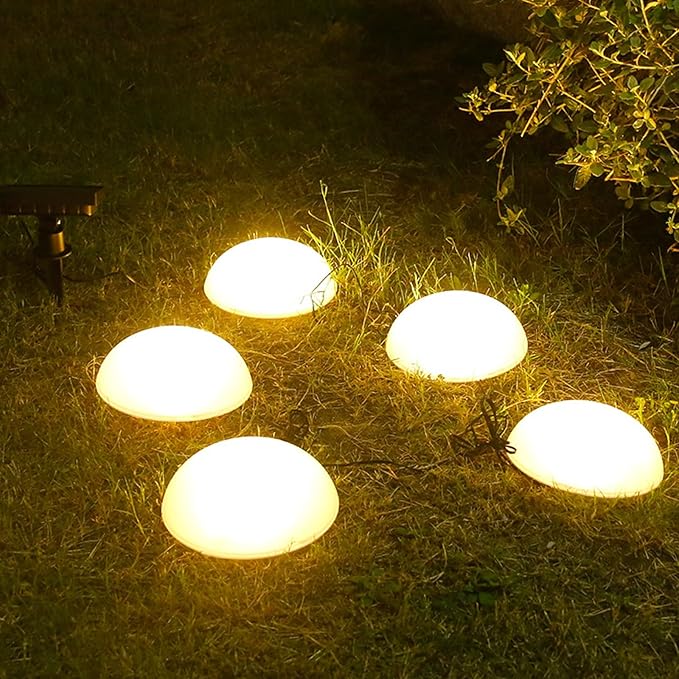 5 in 1 Solar Pathway Lights Outdoor, IP65 Waterproof Solar Pebble Lights Garden Hemisphere Stake Lights Solar Dome Lights for Garden, Patio, Pathway, Yard (Warm White)
