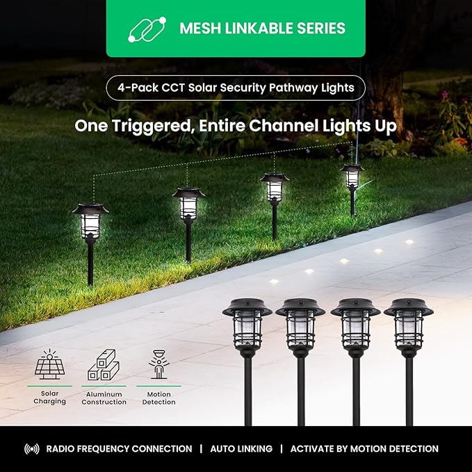 Mesh Linkable Series 4-Pack Solar LED Security Pathway Light w/ LiFePO4 Battery, 300LM, Auto-linking, 110°x16 ft Motion Detection, CCT 3000K/4000K/5000K, 4-Channel Settings, Stainless Steel