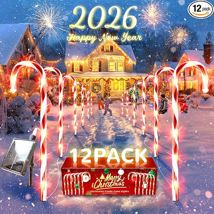 Anordsem Solar Christmas Decorations Outdoor: 12 Pack Candy Cane Pathway Stake Lights - 21" Waterproof LED 8 Lighting Models Yard Garden DIY Decor - 2026 Xmas Gifts for Homeowners
