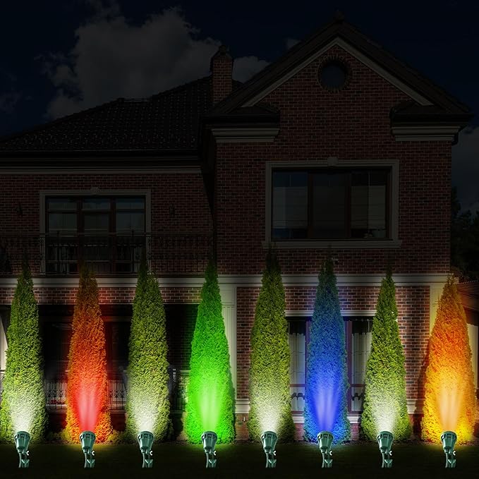 LED Christmas Spotlight Outdoor Plug in, 800LM Waterproof Flood Lights with 5 Extra Lenses (Red Green Blue Purple Orange), 5000K Landscape Light for Yard, Flag, Holiday Decor, ETL Listed, 2 Pack