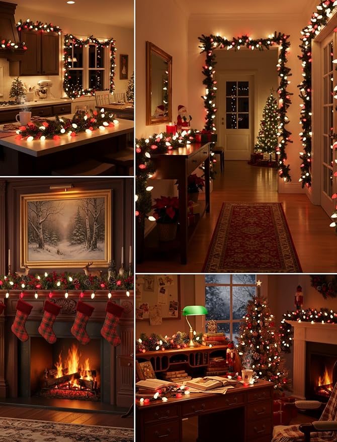 25Ft Red and White Christmas Lights,C7 Christmas String Lights with 27 Red White Ceramic Bulbs(2 Spare), Vintage Incandescent Xmas Lights for Outdoor Holiday Xmas Roofline Wedding Party