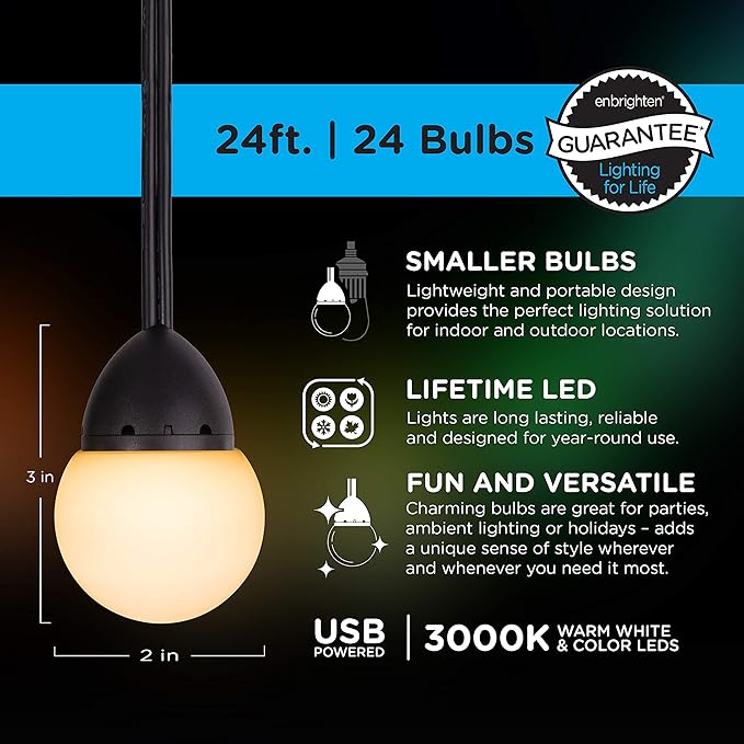Enbrighten USB-Powered Cafe String Lights, 24ft, 24, LED, Color Changing, Indoor or Outdoor, Camping, Tailgate, Dorm Room, Round Bulb, 48372