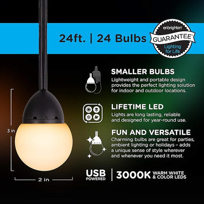 Enbrighten USB-Powered Cafe String Lights, 24ft, 24, LED, Color Changing, Indoor or Outdoor, Camping, Tailgate, Dorm Room, Round Bulb, 48372
