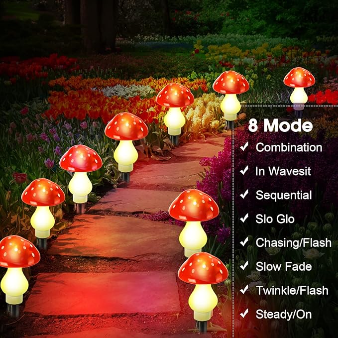 Reginary 12 Pcs Outdoor Lamp Solar Mushroom Light up Garden Mushroom Lights 8 Modes Waterproof Lamp Outside Decor for Holiday Yard Patio Pathway Lawn Ornament(Red,Classic)