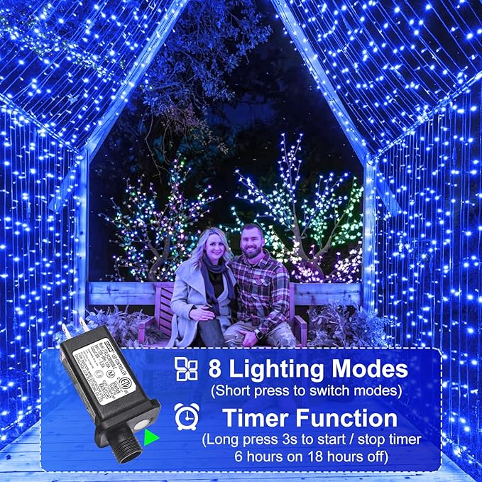 100FT 300 LED Christmas Lights Outdoor, Blue Christmas Tree Lights with 8 Modes Waterproof, Plug in Green Wire | Lumora