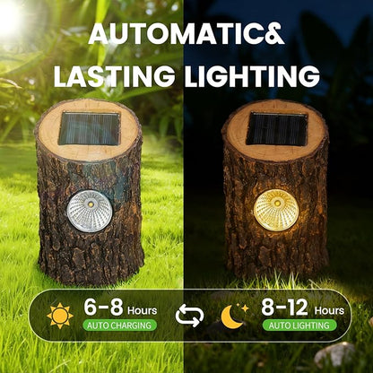 Solar Garden Lights Outdoor Decorative, 2 Pack Rustic Tree Stump Solar Pathway Lights IP65 Waterproof, Auto On/Off Yard Decor for Patio, Lawn, Flower Bed, Steps, Unique Garden Gifts, Warm White