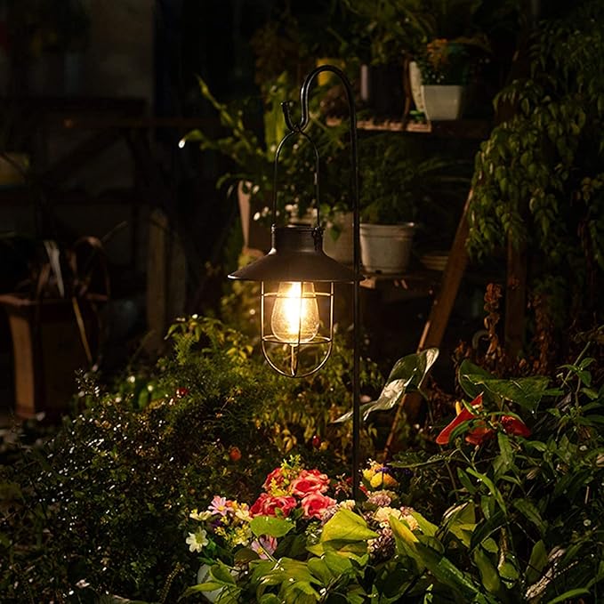 EpicGadget Outdoor Solar Lantern Garden Hanging Light with Shepherd Hook, Retro Metal Solar Lamp with Warm White | Lumora