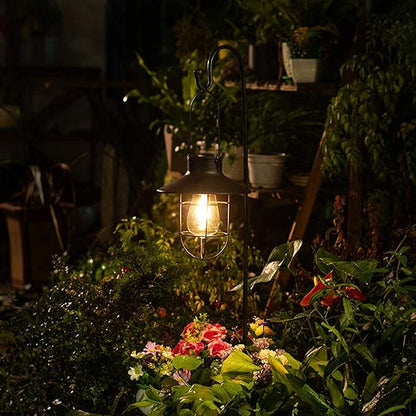 EpicGadget Outdoor Solar Lantern Garden Hanging Light with Shepherd Hook, Retro Metal Solar Lamp with Warm White Edison Bulb Design for Pathway, Porch, Landscape, Lawn, Yard Decoration (Black)