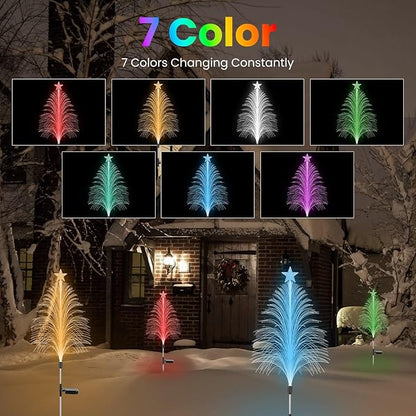 Christmas Pathway Lights Outdoor, 4 Pack Christmas Tree Lights, 7 Color Changing Solar Stake Lights with Topper Star IP44 Waterproof for Garden Lawn Porch Front Door Patio Holiday Decor
