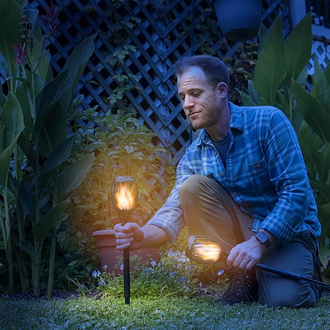 Everbeam P2 Solar Flickering Flame Torch Light - Automatic IP65 Waterproof Solar Tiki Lights with A Stunning Realistic Flame & Distinctive Lampshade - Quick No Tool Installation - 1 Pack